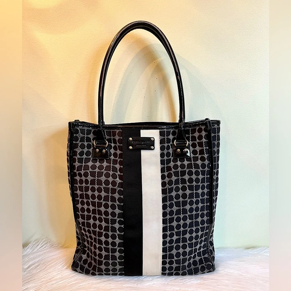 Kate Spade Classic Noel Daisy Shopper Tote Bag Jacquard Black Cream Patent Trim